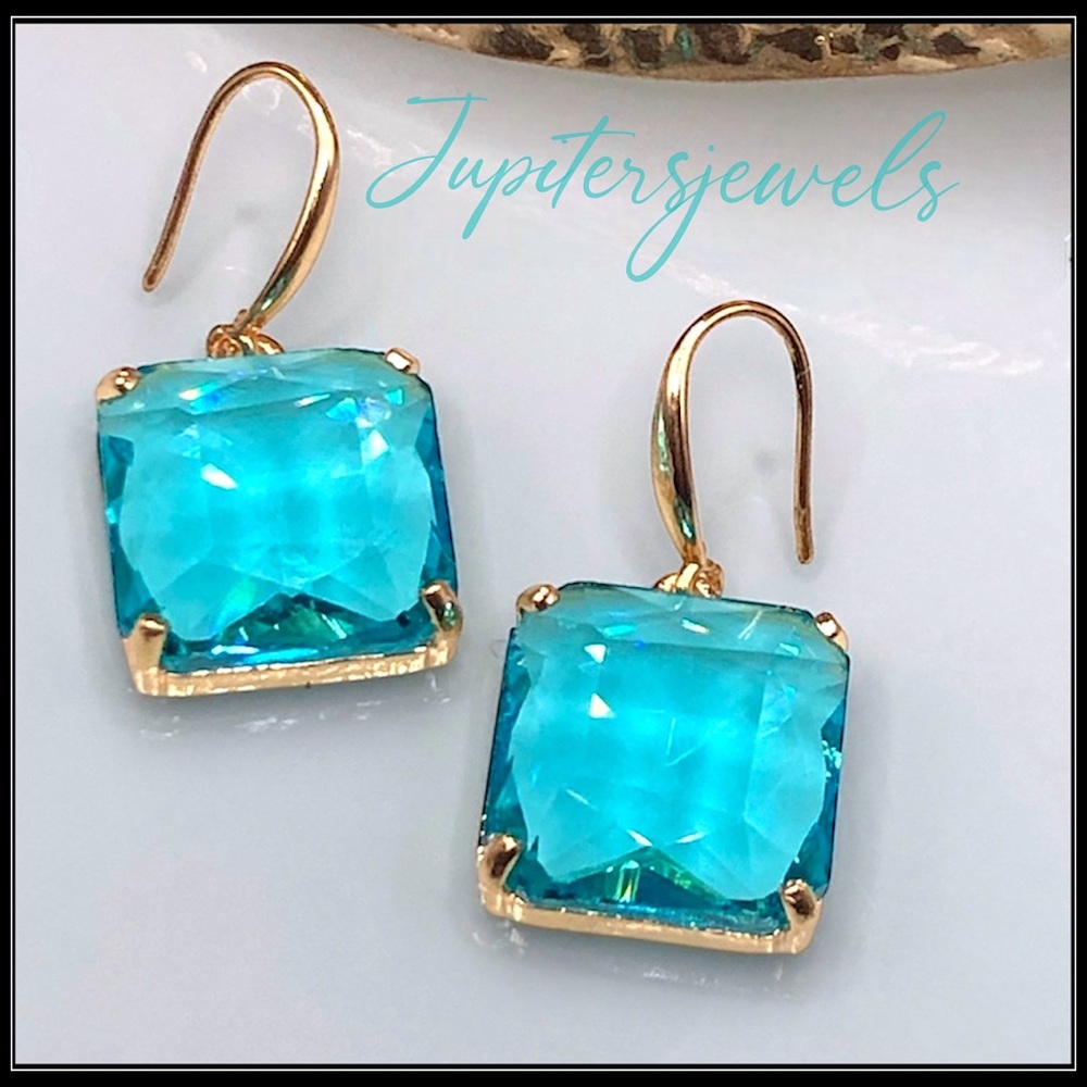 925 ice cube blue topaz emerald cut gold translucent crystal lucite earrings